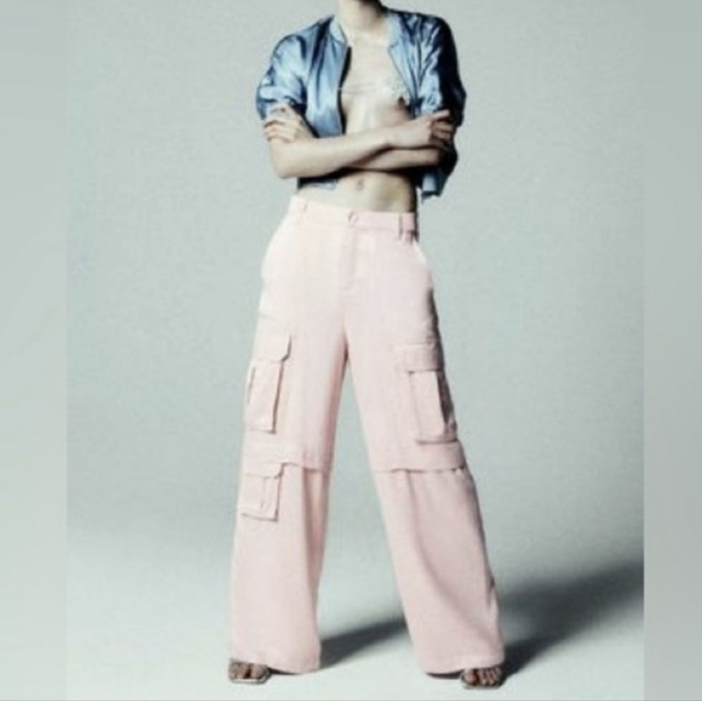 Zara Satin Effect Wide Leg Cargo Pants Pink Sz XS NWOT